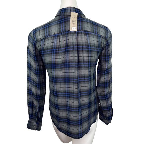 Ann Taylor Loft Plaid Gingham Blue Grey Rhinestone Button Down Shirt Petites XSP - Picture 3 of 10